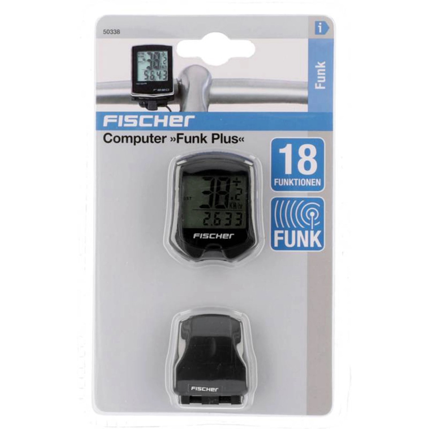 Fischer Fahrradcomputer Funk Plus mit 18 Funktionen in Verpackung.