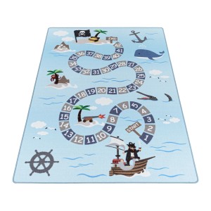 Ayyildiz Kinderteppich Play Blau, 80x120 cm, mit Piraten-Spielmuster für Kinderzimmer.