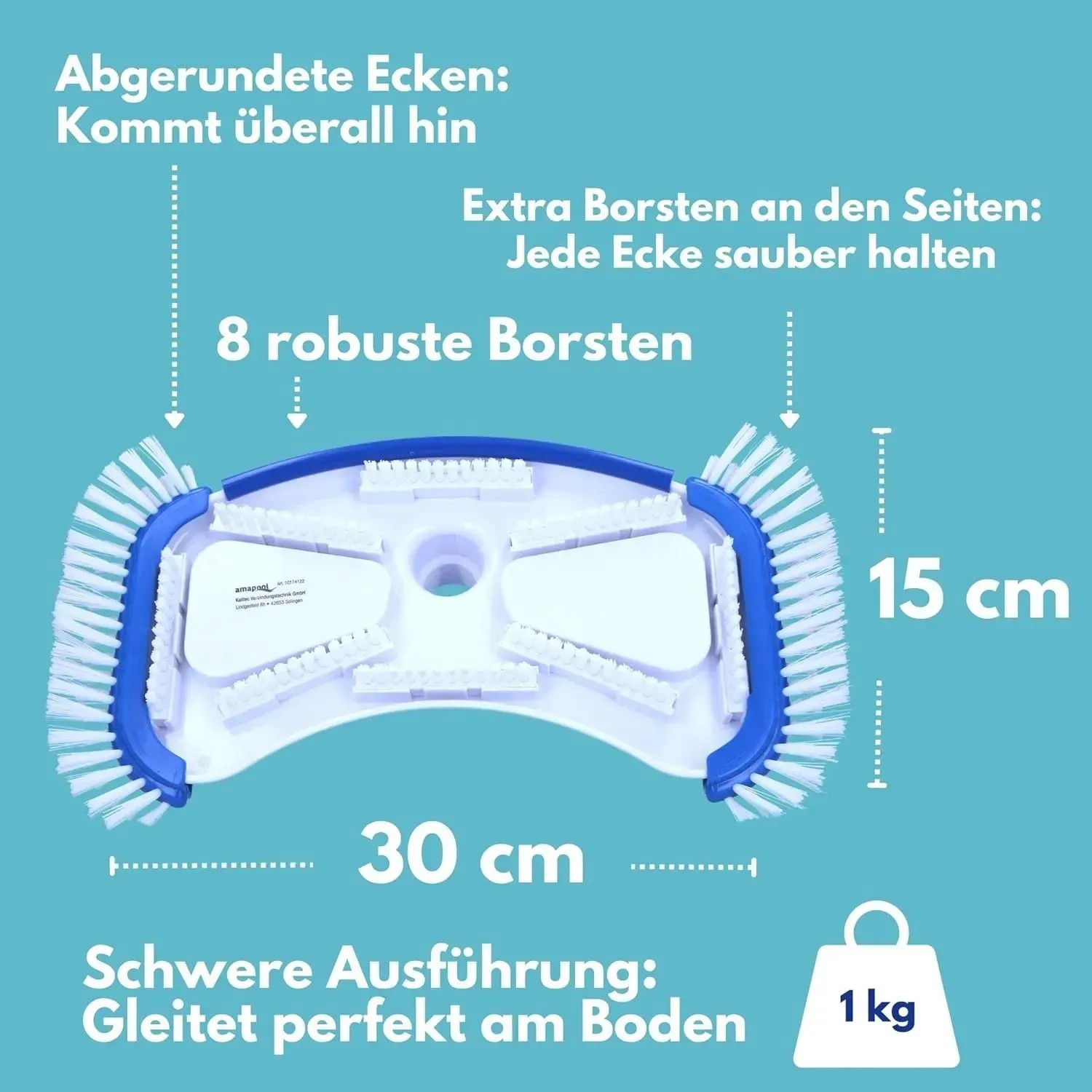 Amapool Pool-Bodensauger Deluxe mit seitlichen Borsten für gründliche Reinigung von Poolböden und -ecken.