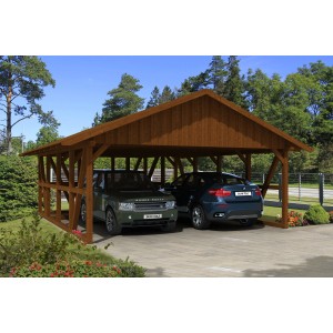 Skan Holz Carport Schwarzwald in Nussbraun mit zwei geparkten Autos.