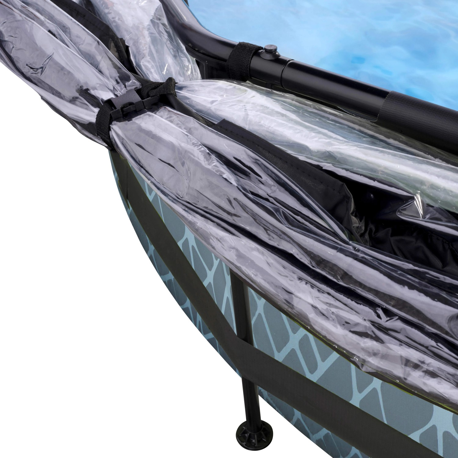 Detailansicht des EXIT Stone Pool Grau mit Abdeckung, Stahlrahmenpool.