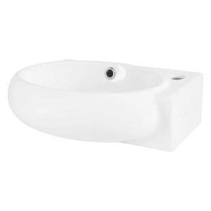 Weißes, ovales ML-Design Handwaschbecken aus Keramik, 43x28 cm, mit Hahnloch rechts.