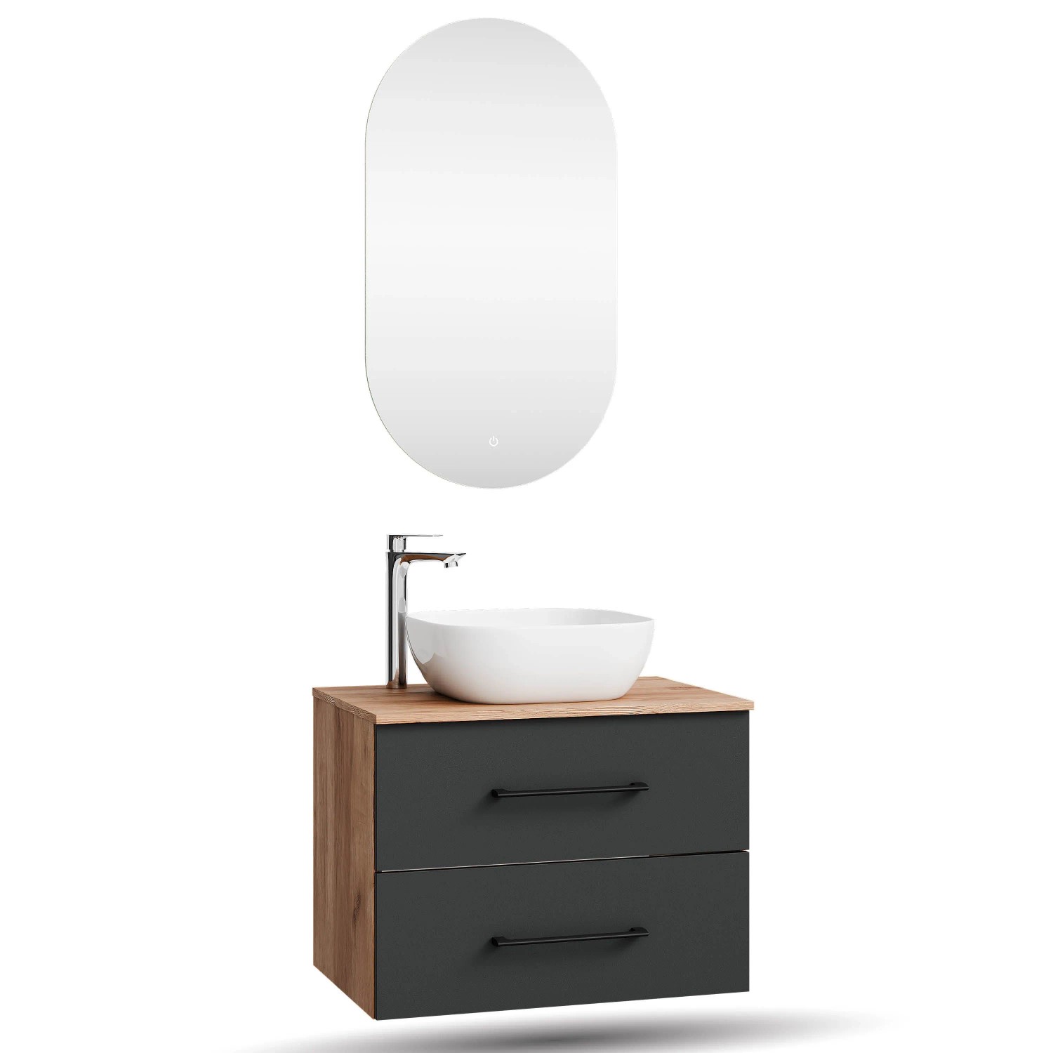 Planetmöbel LUX Badmöbel Set 70 cm mit Aufsatzwaschbecken 42,5 cm Weiß LED Spiegel Soft Close
