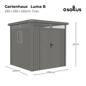 Graues osoltus Metall Gerätehaus Luma B 230x230x222 cm mit Fenster und Doppeltür. Robustes Gartenhaus.