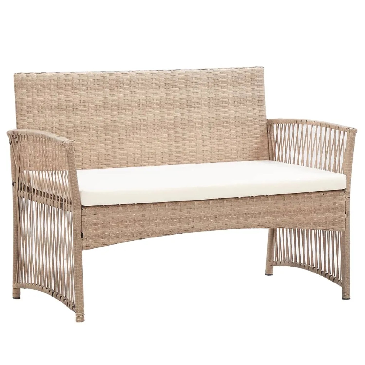 Beige Gartenbank aus Rattan mit cremefarbenem Kissen, Teil des vidaXL Lounge-Sets.