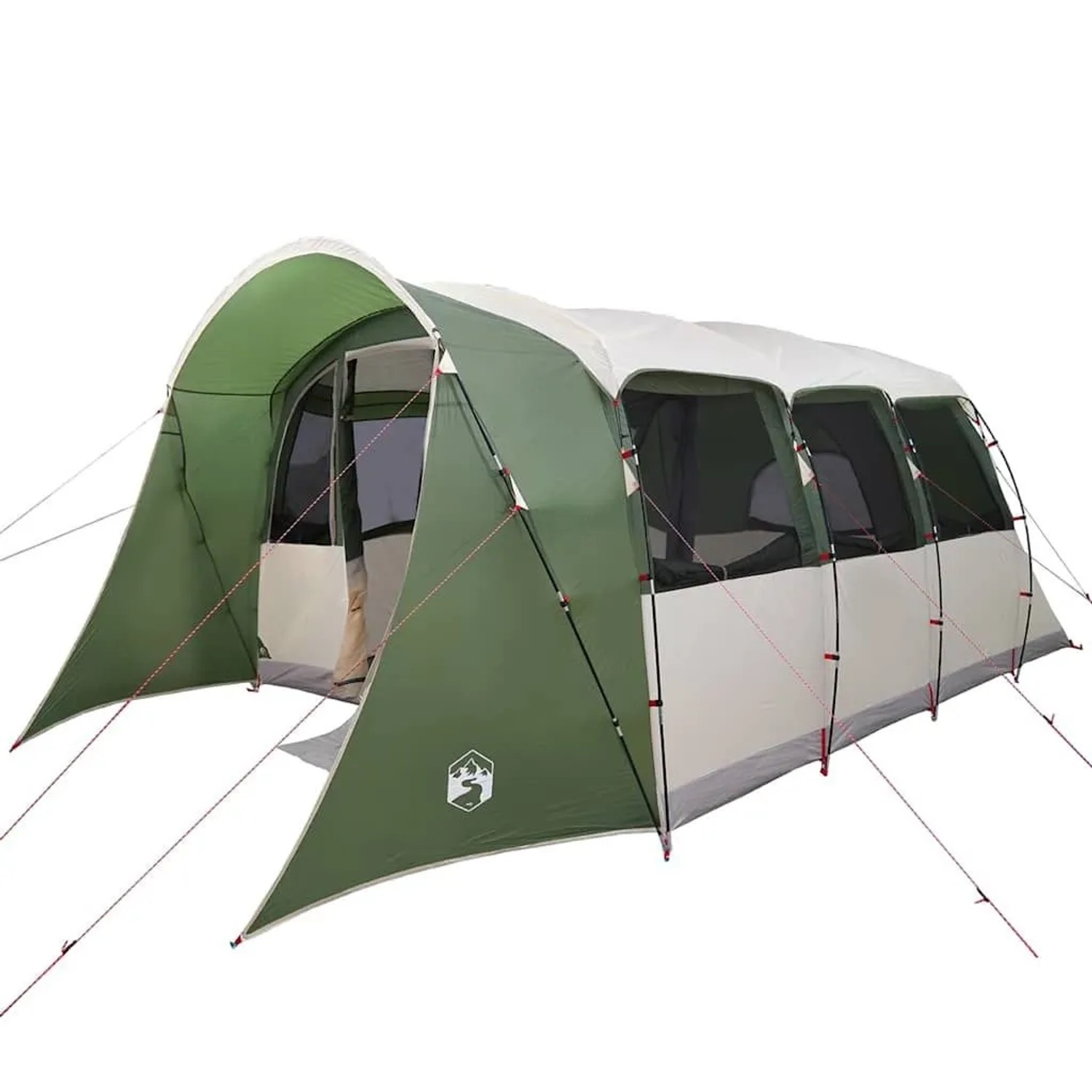 Grünes und beiges vidaXL Campingzelt aus Polyester mit großem Eingang und Fenstern, ideal für Outdoor-Aktivitäten.
