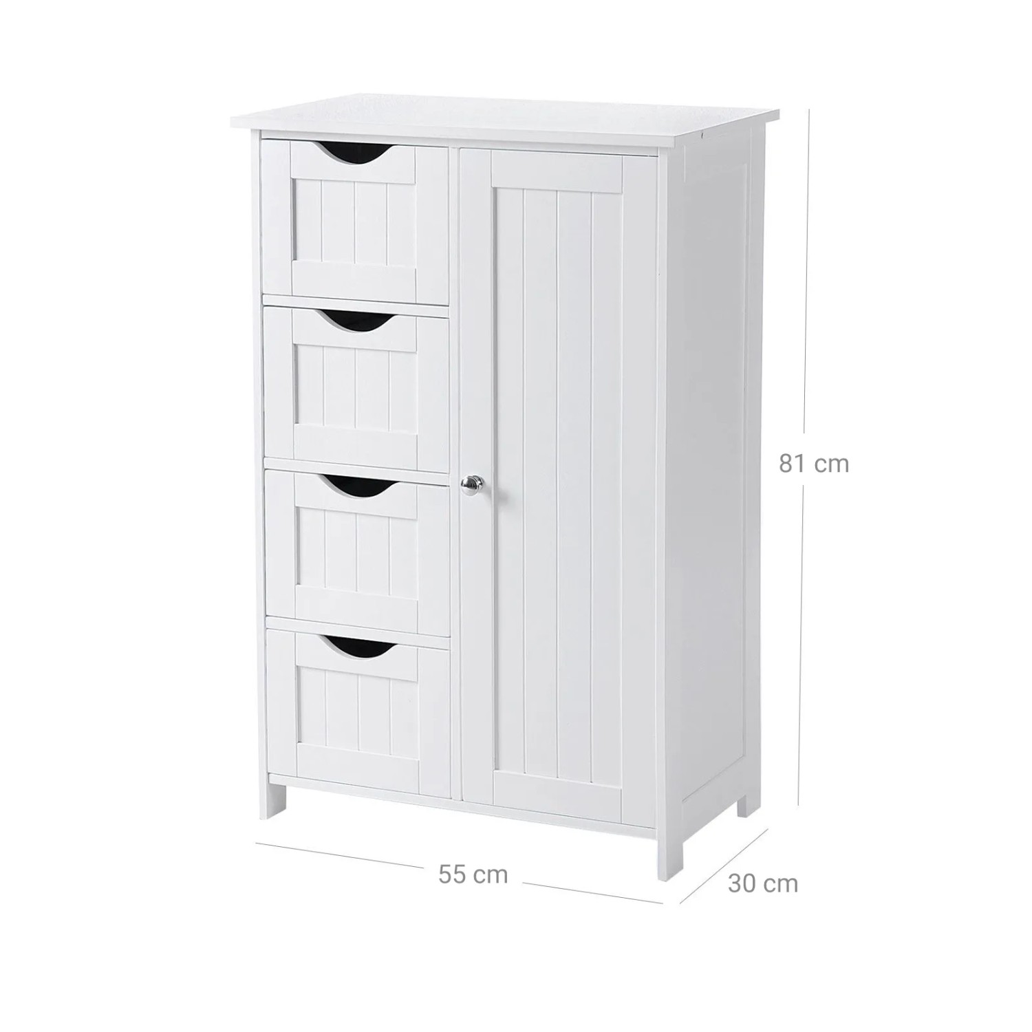 Weißes Vasagle Sideboard mit 4 Schubladen und einer Tür, Maße 30x55x81 cm.