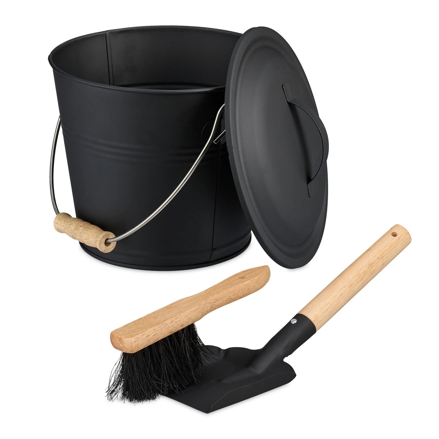 Relaxdays Ascheeimer Eisen Schwarz mit Deckel und Kehrset 4,5, 21,5 cm x 26 cm x 22 cm 620 g