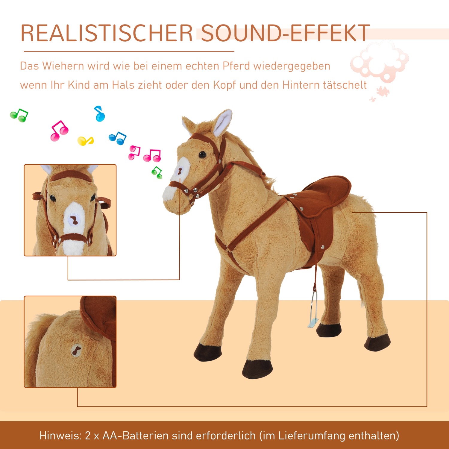 HOMCOM Reitpferd, Stehpferd mit Sattel und Zaumzeug für Kinder. Schaukeltier mit Sound.