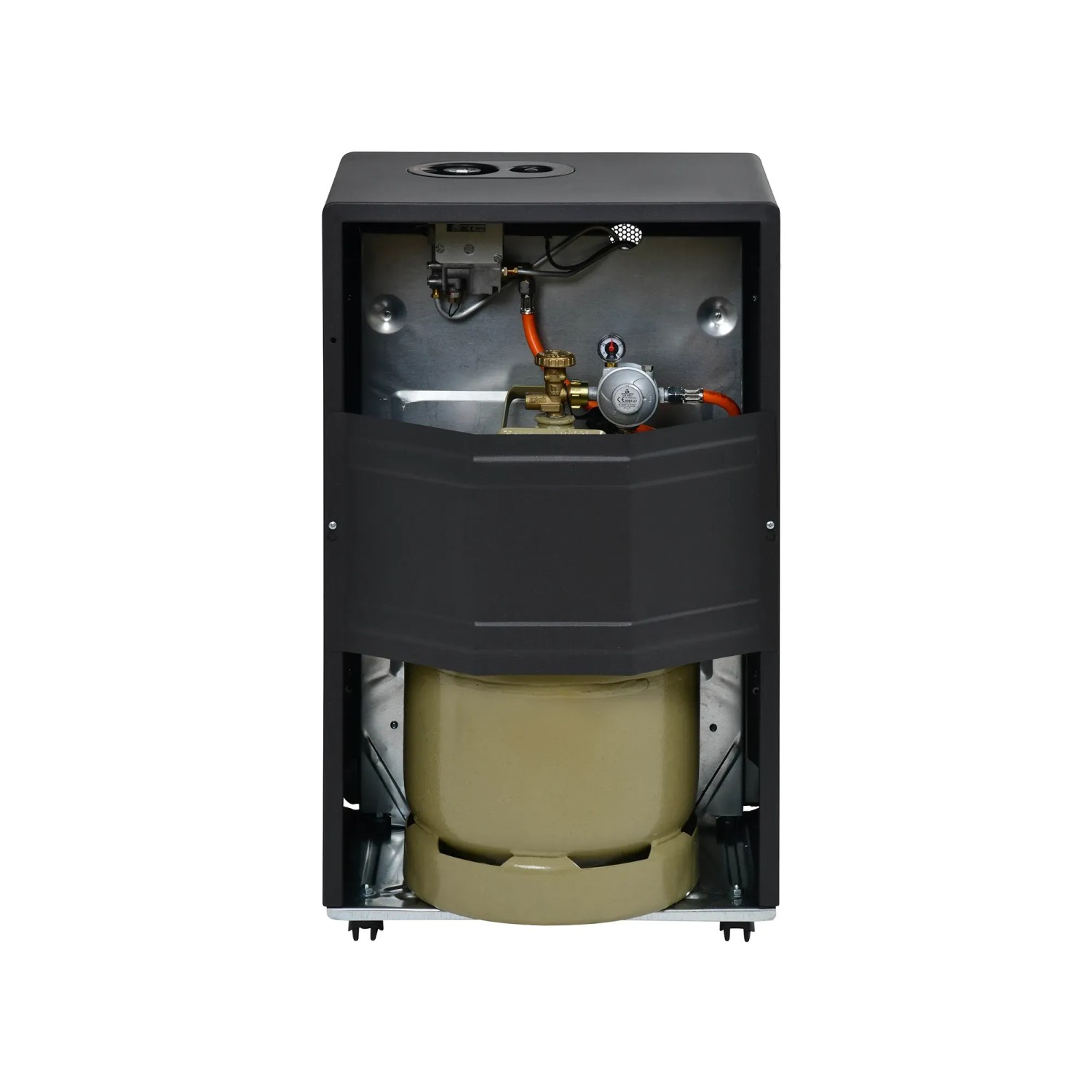 Firefix Gas-Heizofen 4200 Eco+ in Schwarz mit Gasflasche und Regler im Inneren.