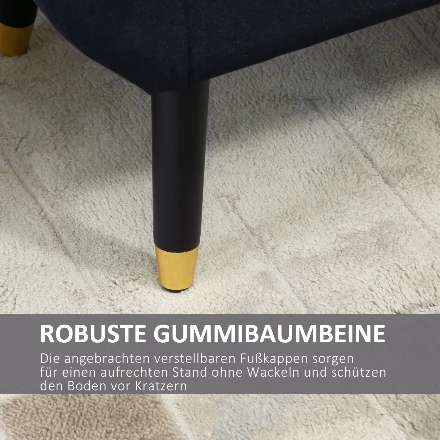 Detail der schwarzen Gummiholzbeine der HOMCOM Sitzbank mit goldenen Fußkappen auf Teppich. Stabil & bodenschonend.