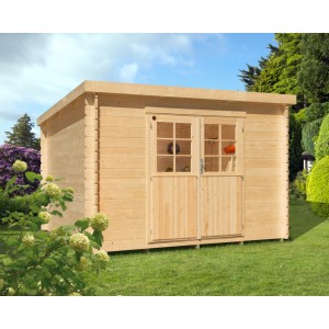 Kiehn-Holz Gartenhaus KH 28-047, 300x300 cm, unbehandeltes Holz mit Doppeltür und Flachdach.