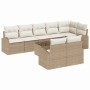 Beiges vidaXL Garten-Sofa-Set (9-tlg) aus Poly Rattan mit weißen Kissen und Tisch.