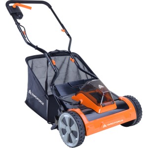 Yard Force Akku-Spindelmäher LM C38 mit Fangkorb, Akku und Ladegerät.