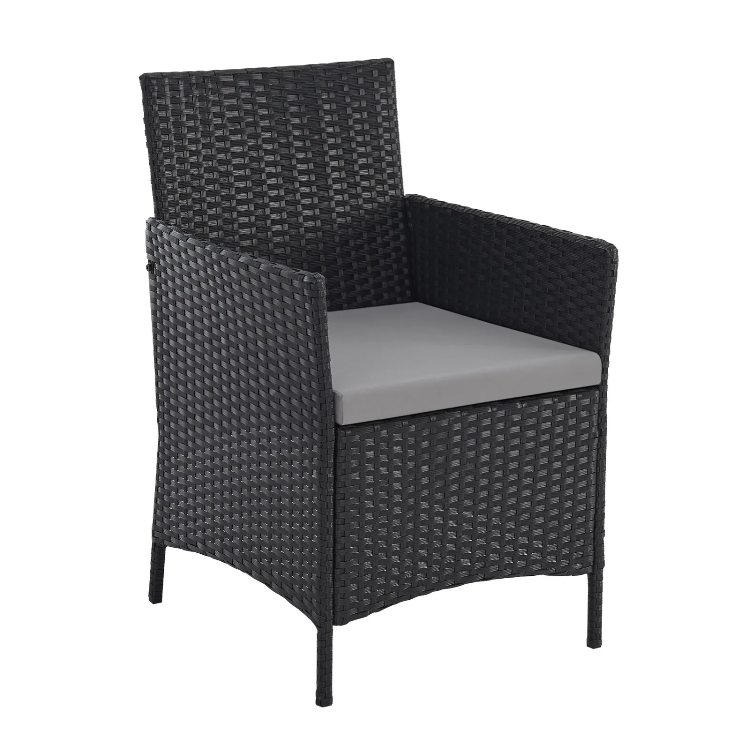 Schwarzer Rattan Gartenstuhl mit grauem Kissen, Teil des Svita Brooklyn Bistro Gartenmöbelsets.