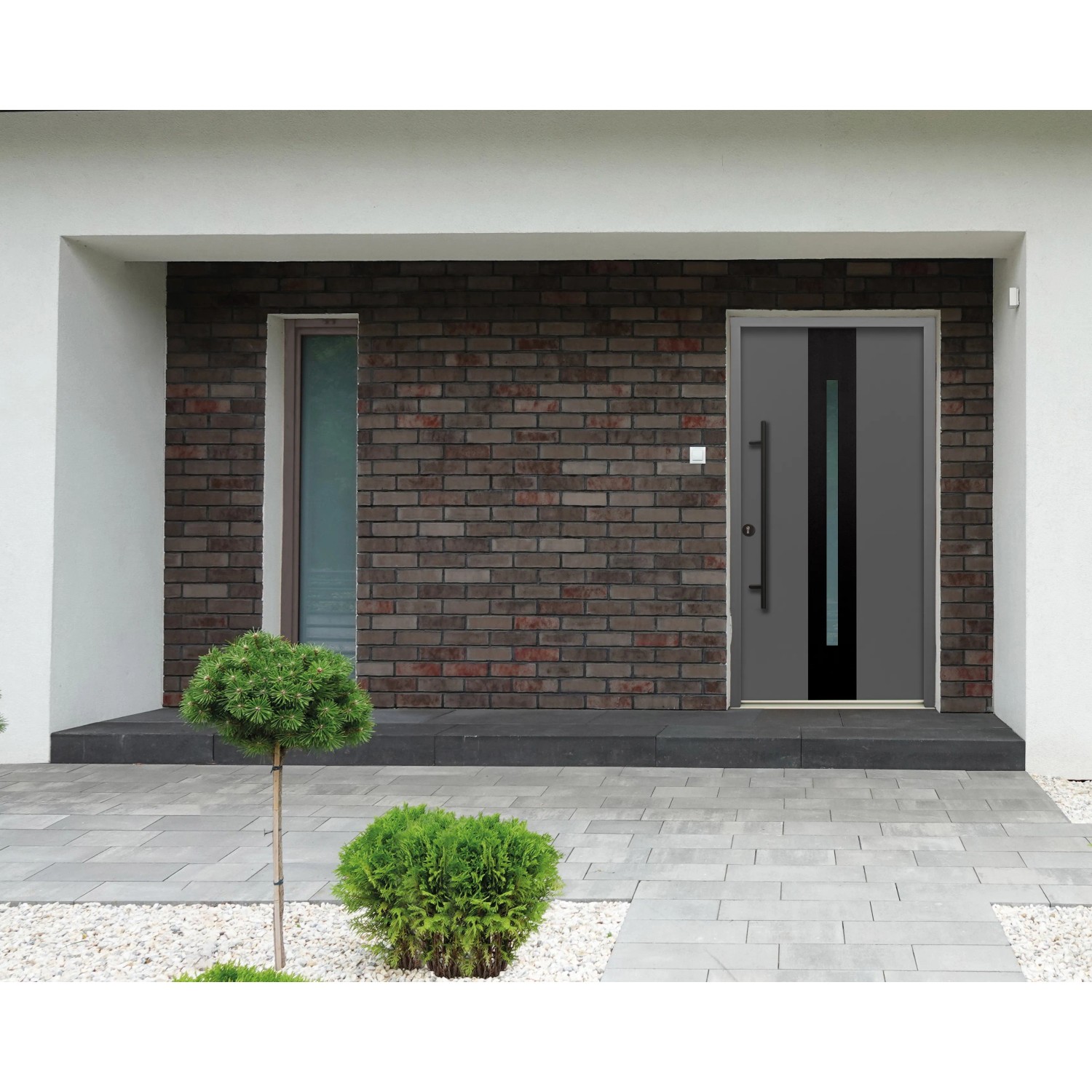 Moderne, anthrazitfarbene Splendoor Haustür ThermoSpace Prime Dublin mit Glaseinsatz und Edelstahlgriff.
