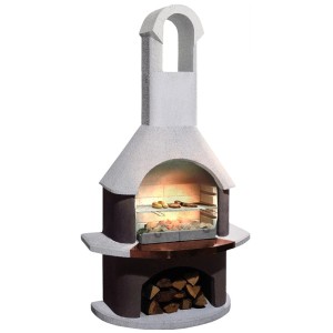 Buschbeck Grillkamin St. Moritz, weiß-braun, mit Grillrost und Holzscheiten im Lagerfach.