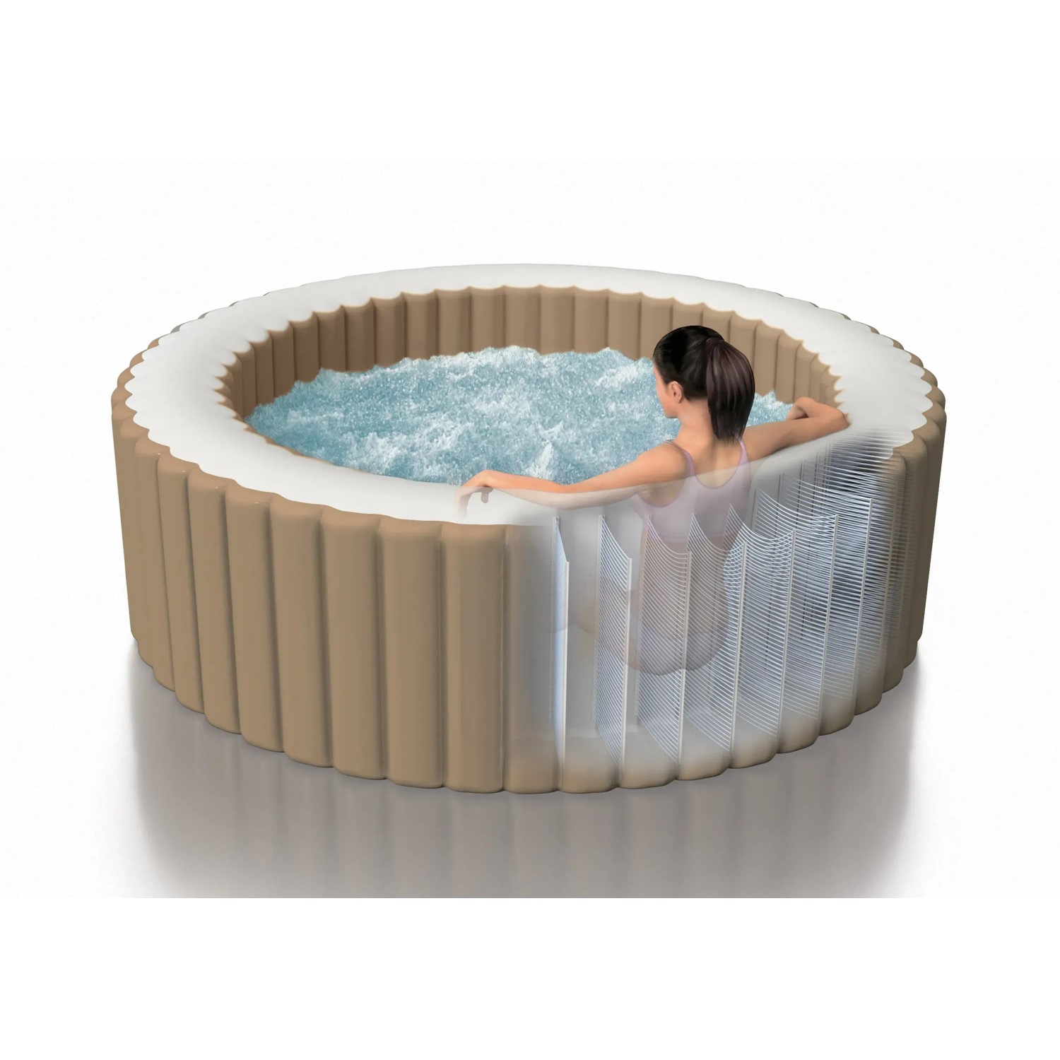 Intex PureSpa Bubble Massage Set für 8 Personen, aufblasbarer Whirlpool mit sprudelndem Wasser und einer Frau.