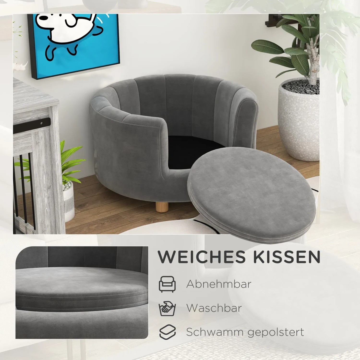 Graues PawHut Hundesofa aus Polyester mit Schaumstoff, 65x64x37cm. Gemütliche Hundecouch mit weichem Kissen.