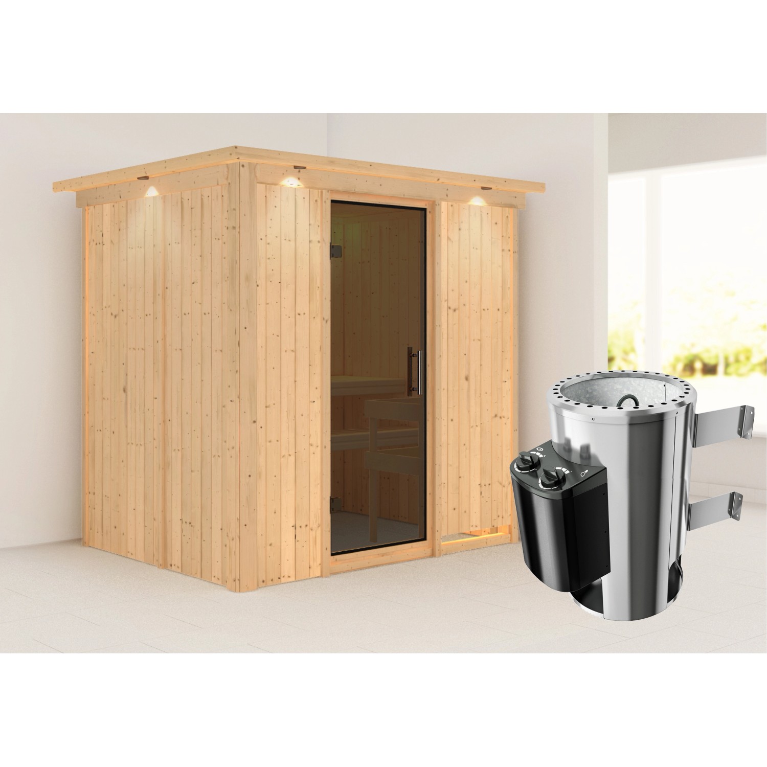 Karibu Sauna Finja mit Ofen integrierte Stg.LED-Dachkranz Natur günstig online kaufen