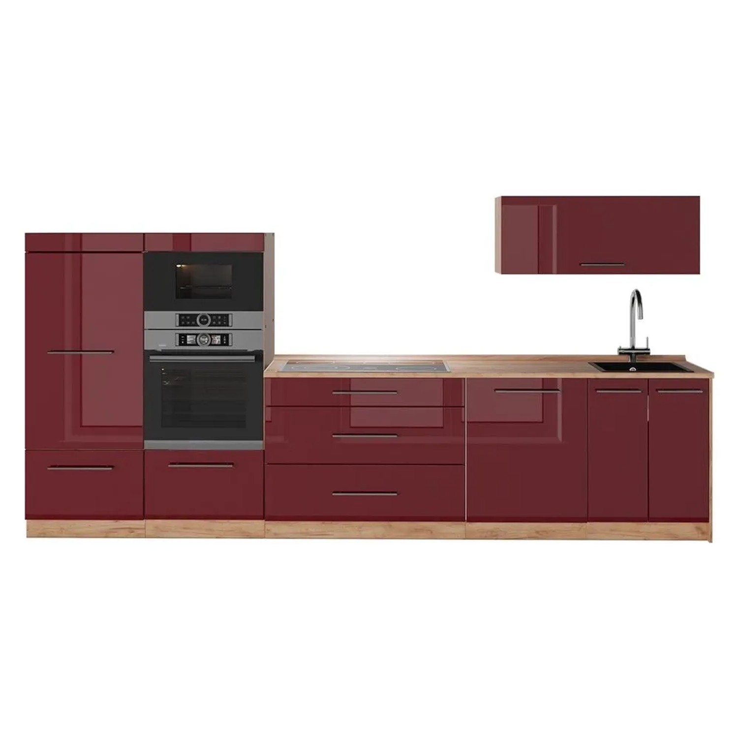 Vicco Küchenzeile Fame-Line Bordeaux Hochglanz/Goldkraft Eiche 340 x 154 AP Eiche Art Nr 64516