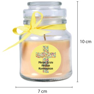 Gelbe Duftkerze im Glas mit Kommunion-Motiv und Vanilleduft.