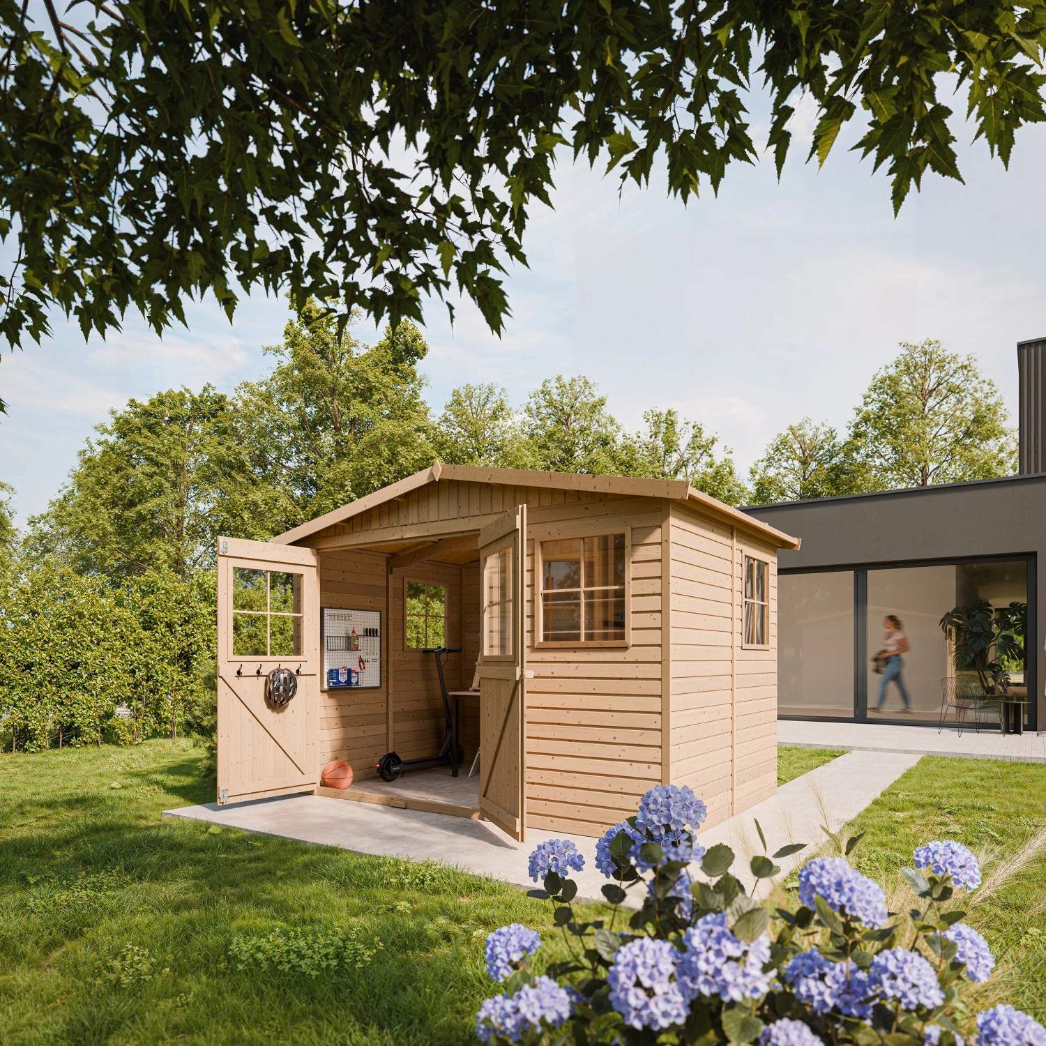 Timbela Holz Gartenhaus M334 mit Fenster, 6,03 m², naturbelassen, mit geöffneten Türen im Garten.