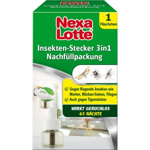 Nexa Lotte Insektenschutz 3in1 Nachfüllflasche gegen Mücken, Fliegen und Motten. Geruchloser Insektenstecker für 45 Nächte.
