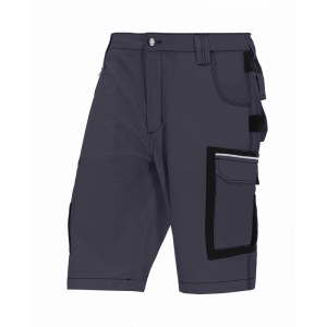 Eliworx Workwear Shorts in Grau mit Cargotasche, Stifttasche und Reflexstreifen für Handwerk und Bau.