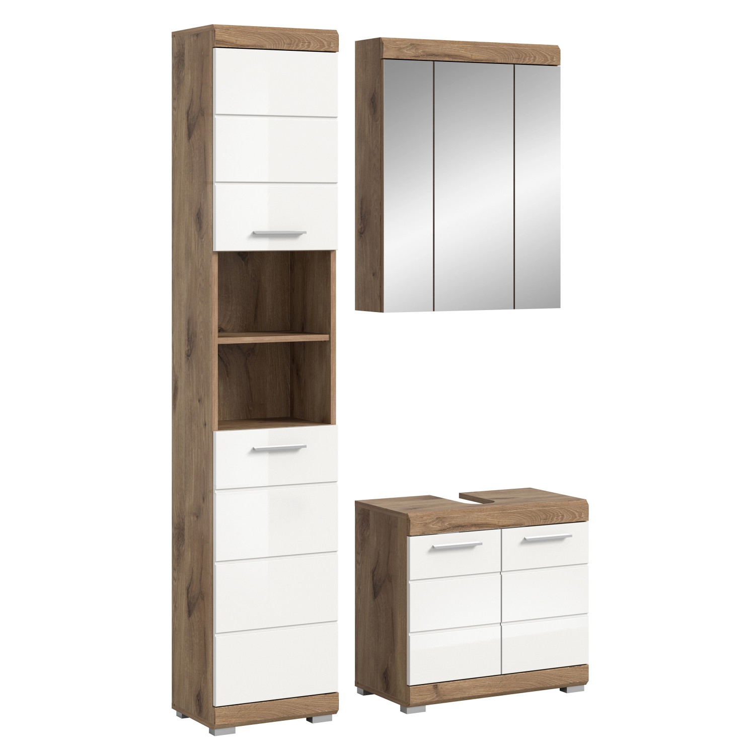 Badkombination Wave m. Hochschrank Weiß Hochglanz/Nox Oak 112 cm 3-tlg. günstig online kaufen