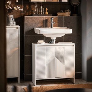 Weißer SoBuy Waschbeckenunterschrank BZR157-W mit geometrischem Design für mehr Stauraum im Bad.