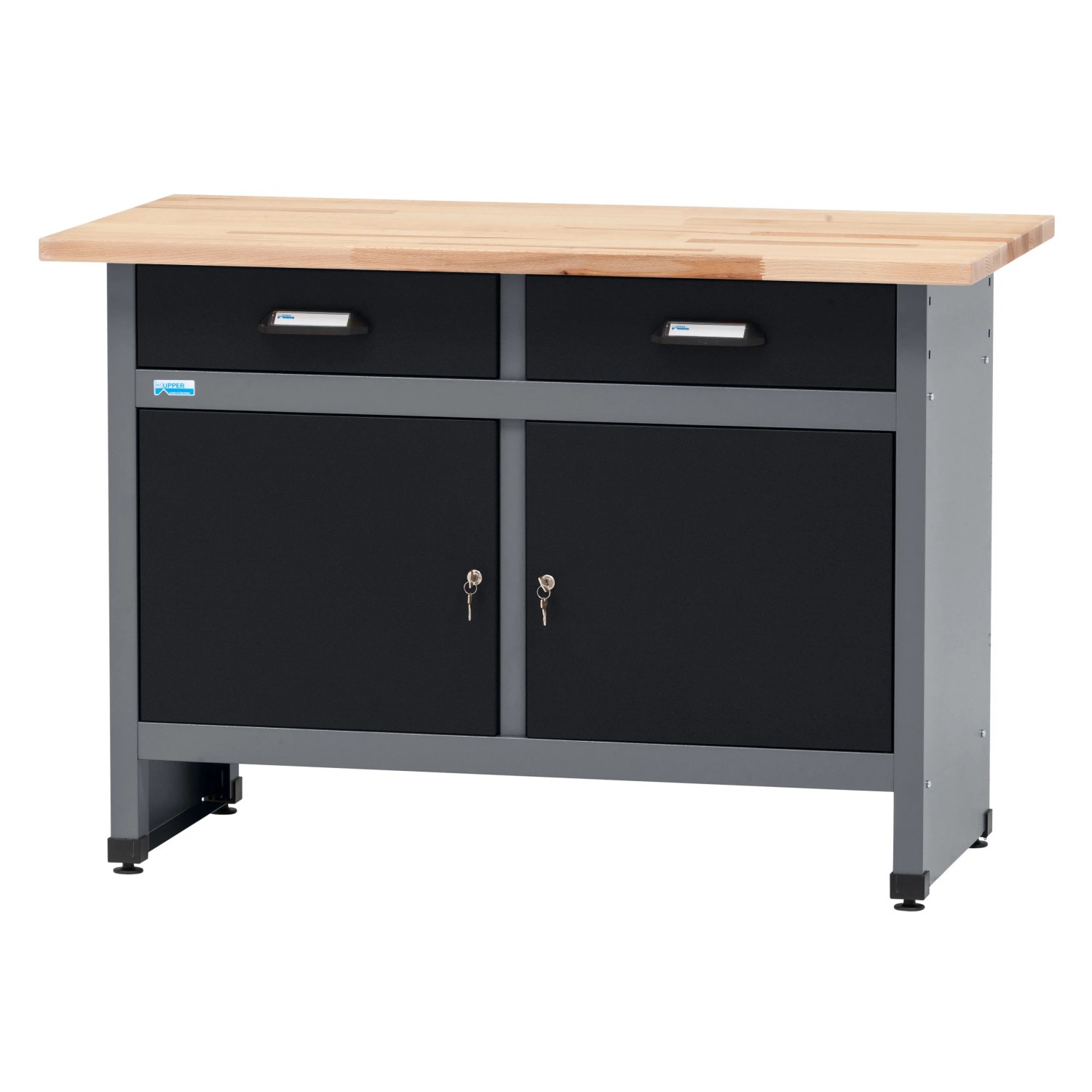 Küpper Werkbank-Set, 3-teilig, 1,20 m, schwarz-hellgrau, mit Schubladen und Schrank.