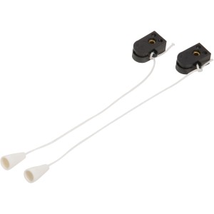 Zwei schwarze Einbau-Zugschalter für Lampen, inklusive Kordeln und Knöpfen.