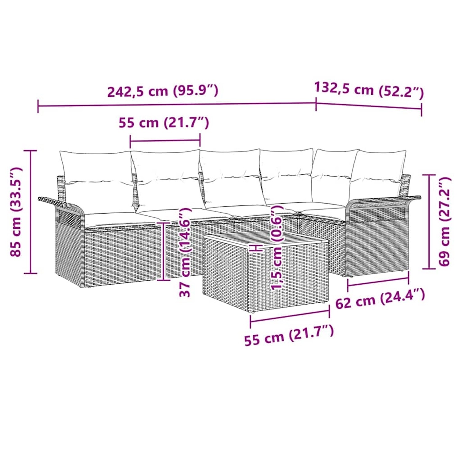 Beiges 6-tlg. vidaXL Garten-Sofa-Set aus Poly Rattan mit Tisch, modulare Gartenmöbel für Terrasse und Balkon.