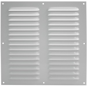 Weißes Marley Lüftungsgitter aus Aluminium, 300x300 mm, mit Lamellen.