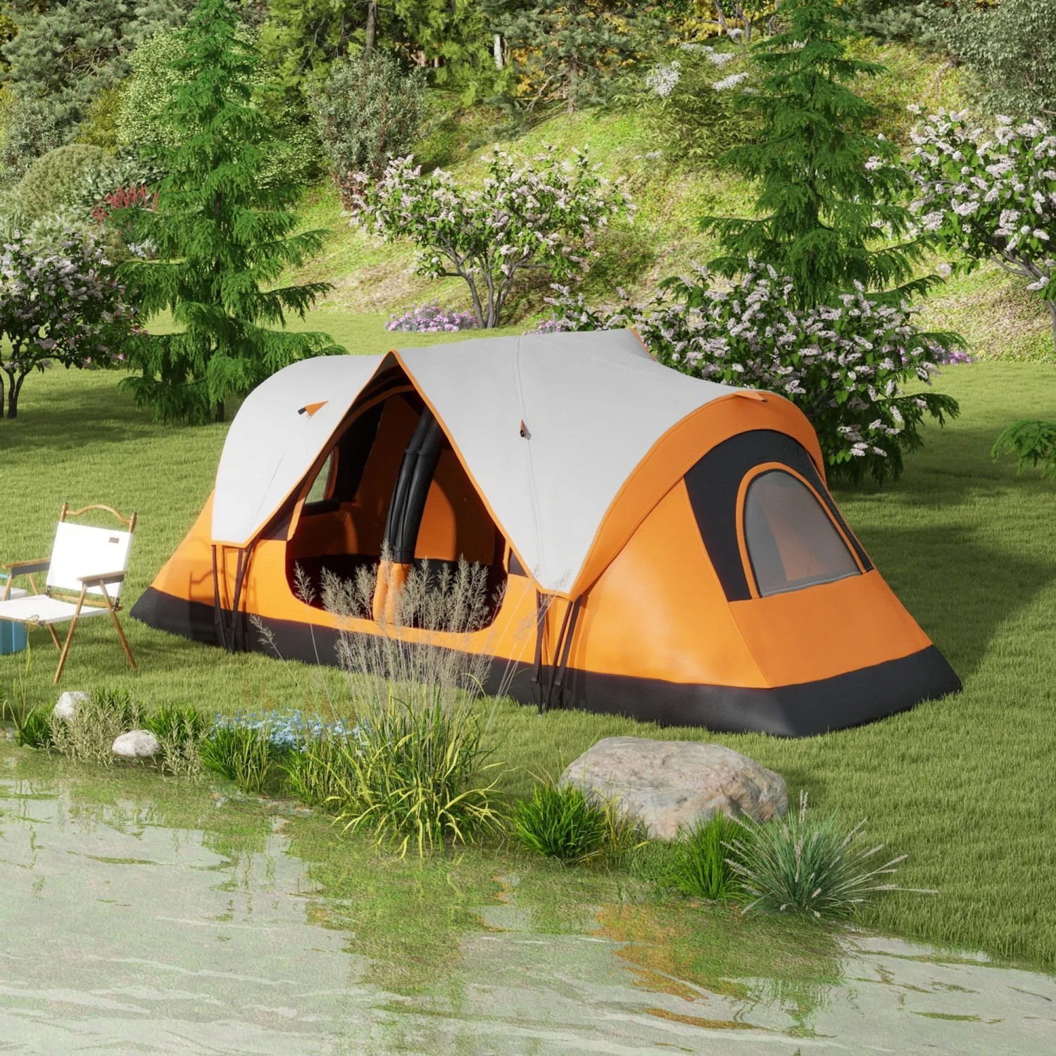 Orangefarbenes Outsunny Campingzelt für 6 Personen mit zwei Schlafzimmern und Moskitonetzen.