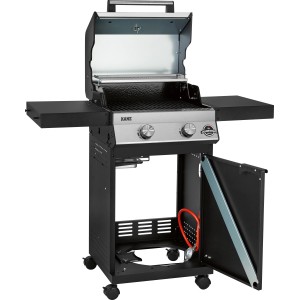 Jamestown Gasgrill Kane mit 2 Brennern, offenem Deckel und Seitentischen.