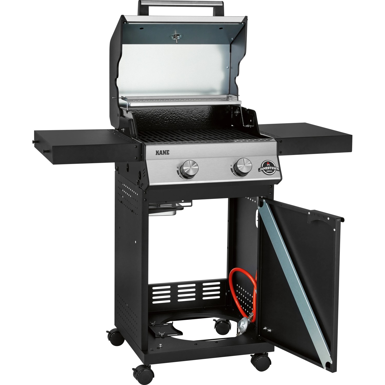 Jamestown Gasgrill Kane mit 2 Brennern, offenem Deckel und Seitentischen.