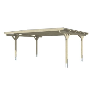 Skan Holz Doppelcarport Odenwald mit Flachdach und geraden Kopfbändern, Holzkonstruktion.