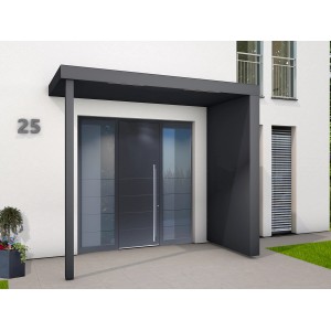 Modernes Gutta Rechteckvordach BS PLUS in Anthrazit mit Pfosten und Seitenwand rechts.