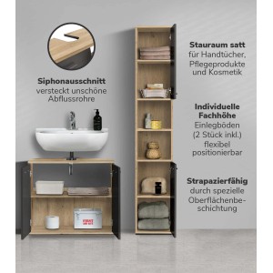 mokebo Badmöbel Set „Der Steuermann“ in Eiche-Schwarz mit Waschbeckenunterschrank und Hochschrank.
