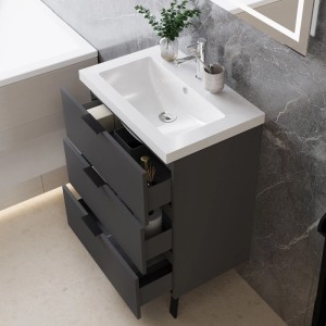 AICA Waschtisch mit Unterschrank 60 cm Kantin Badmöbel Set 2 tlg. Waschbecken mit Standschrank Anthrazit Hochglanz Griffen & Füße Softclose