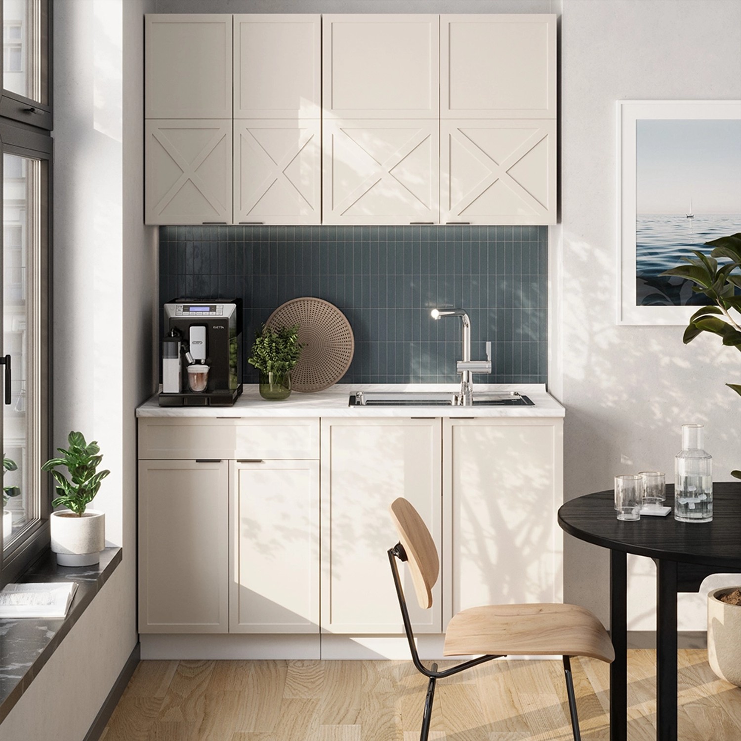 Vicco Fame-Line Singleküche in GrauBeige/Weiß, 140 cm breit, ohne Arbeitsplatte.