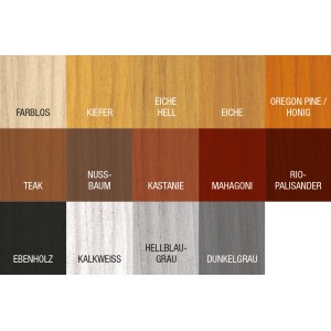Farbmuster der Bondex Compact-Lasur: Farblos, Kiefer, Eiche, Teak, Nussbaum, Ebenholz u.a.