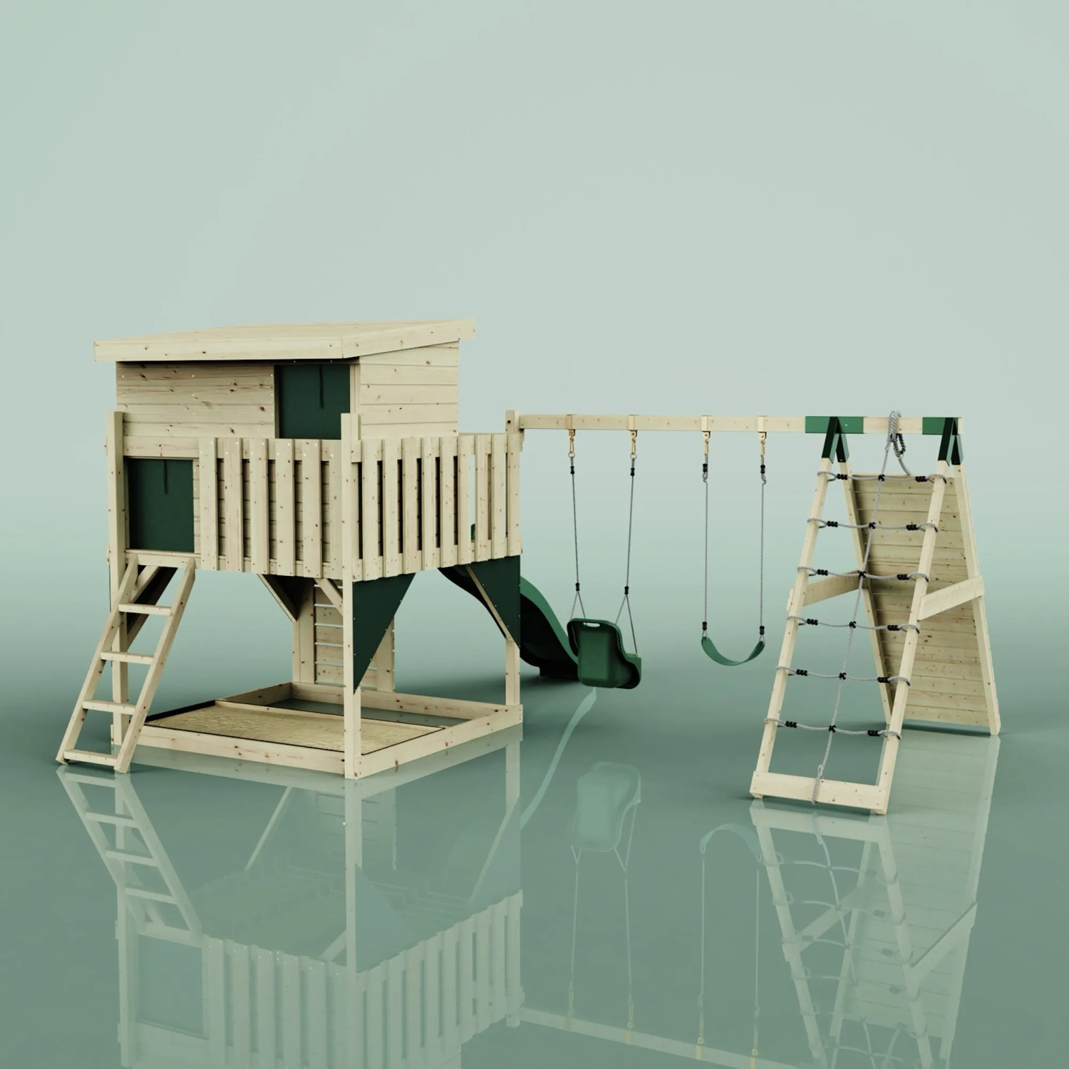 PolarPlay Spielturm Aksel, dunkelgrün, mit Schaukel, Rutsche und Kletterwand für Kinder.