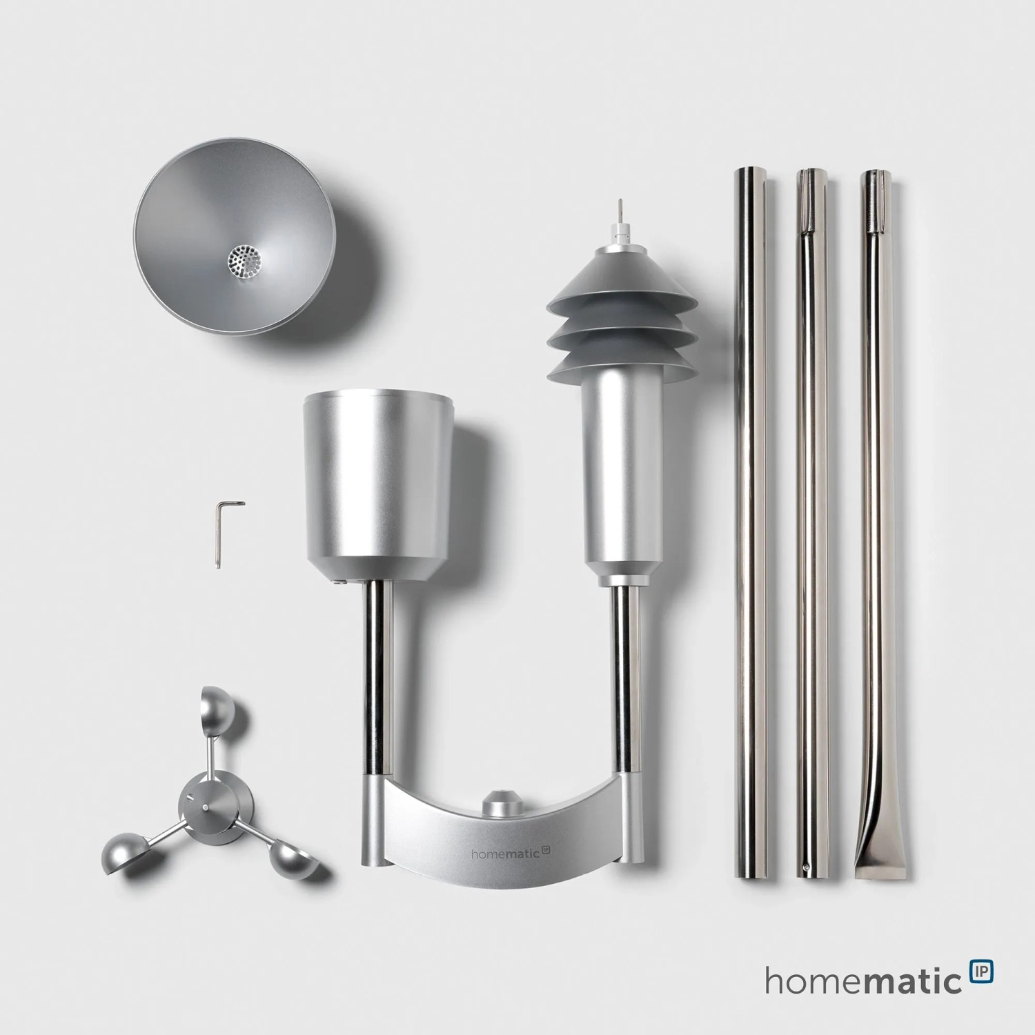 Homematic IP Wettersensor plus Komponenten: Regen-, Windmesser, Sensoreinheit, Edelstahlmast für Hausautomation.