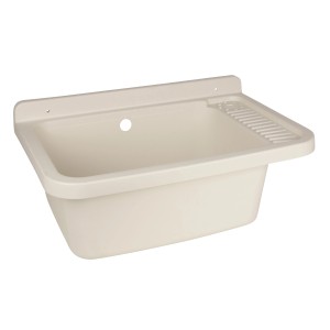 Sanitop-Wingenroth Ausgussbecken, 59 cm, Kunststoff, weiß, mit Seifenspender und Ablage.