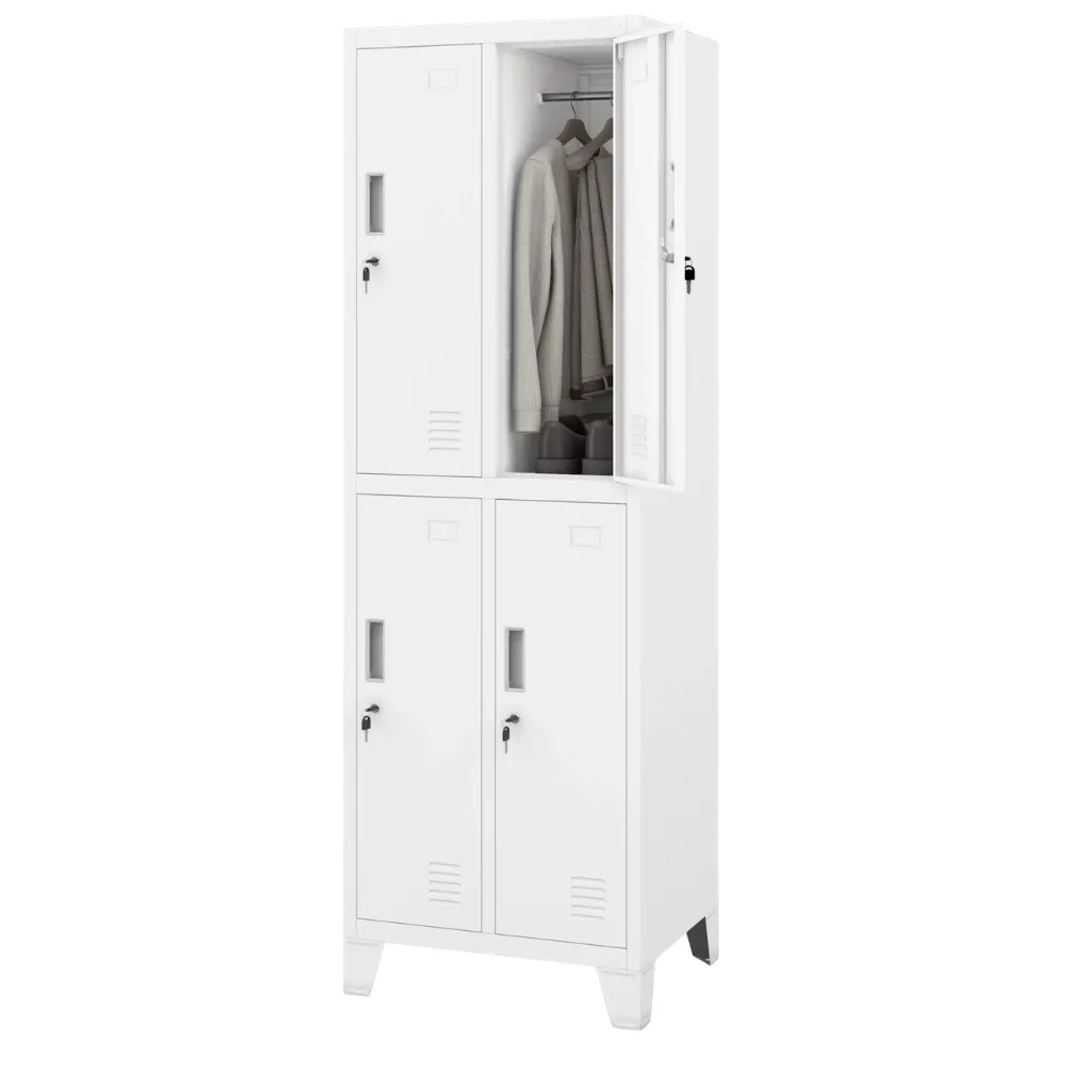 JAN NOWAK Umkleideschrank Spind BARTEK 4 Abteile Etikettenhalter Lüftungsschlitze Umkleidespind Schließfachschrank 172x55,9x45cm Weiß