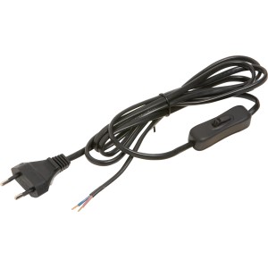 Schwarze Zuleitung 2m mit Schalter und Eurostecker für Lampeninstallation.