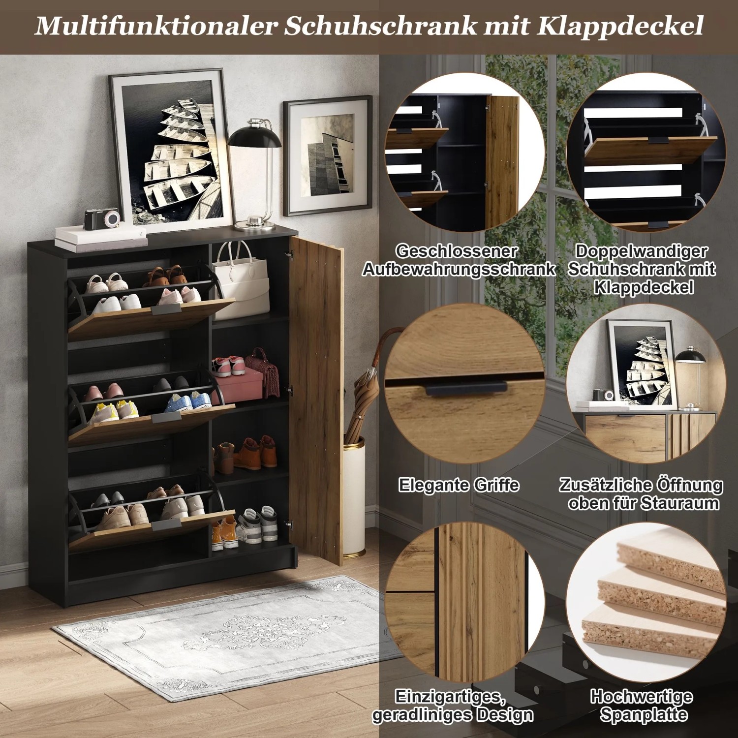 Merax Schuhschrank 100x130 cm in Natur Schwarz mit 3 Klappen und Seitenfach. Modernes MDF-Design für Flur & Eingang.
